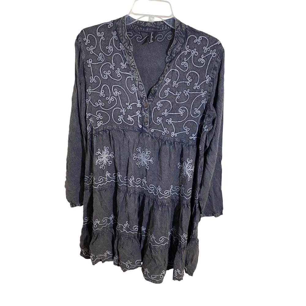 Sacred Threads Boho Acid Wash Embroidered Tiered Tunic Dress Gray L/XL
